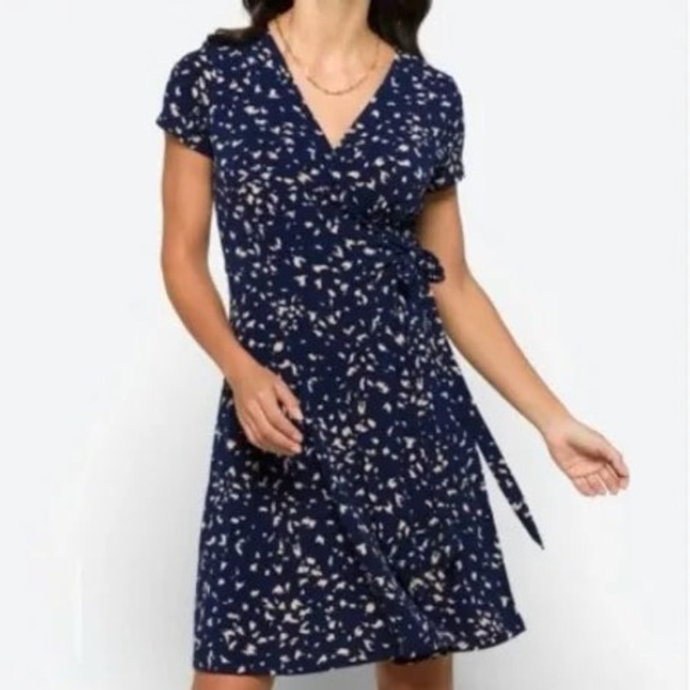 Kaileigh Navy Blue Abstract Print Short Sleeve Faux‎ Wrap Dress Small